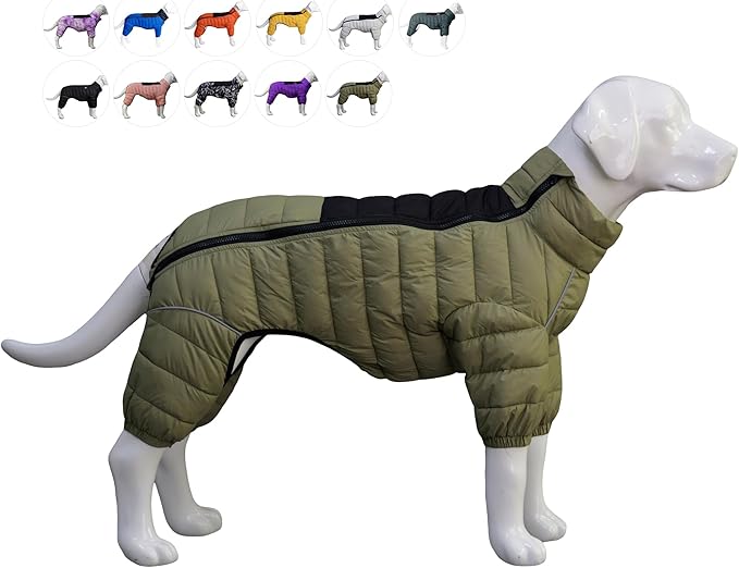 Olive Green Dog Jacket, 4 Legs Covered Waterproof Windproof Reflective Warm Vest, Zippered Adjustable Outdoor Snow Jacket for Small to Large Dogs XL