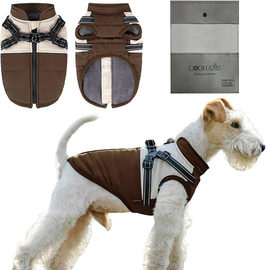 Dog Winter Coat for Small & Medium Dogs (Up to 31lb), Waterproof Dog Coat with Harness, Puppies Windproof Puppy Puffer Jacket, Snowsuit for Dachshund,Frenchie, Corgi (Classic Brown, Large)