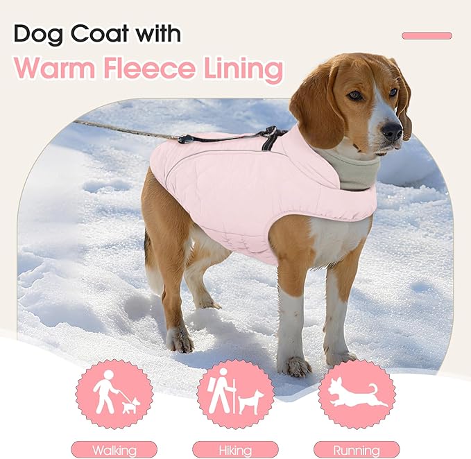 Dog Coat with Harness Built in -Pink,3XL- Fleece Lined Dog Snow Jacket Snowsuit，Adjustable Reflective Winter Warm Cold Weather Coat