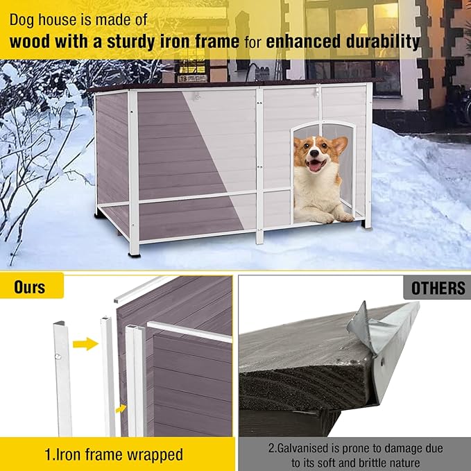 AIVITUVIN Outdoor Heated Dog House Anti Chewing Iron Frame Insulated Dog Kennel with Heating Pad Weatherproof Shelter （Grey,XL）