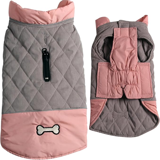 Reversible Dog Coats for Small Dogs Waterproof Warm Dog Jacket for Cold Winter,Pink and Grey M