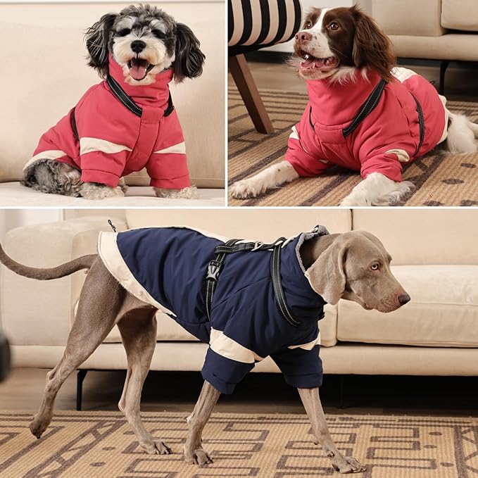 MIGOHI Dog Coat with Harness Built in, 2-in-1 Thermal Water-Resistant Dog Jacket, Windproof Reflective Snowsuit for Extra Large Dogs, German Shepherd, High Collar Design, Navy Blue, 3XL