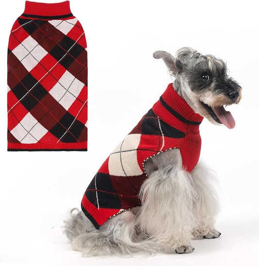KOOLTAIL Dog Sweater - Thick Warm Plaid Pullover Turtleneck Fleece Dog, Cat, Puppy Christmas Sweater with Leash Hole - Red - S, M, L