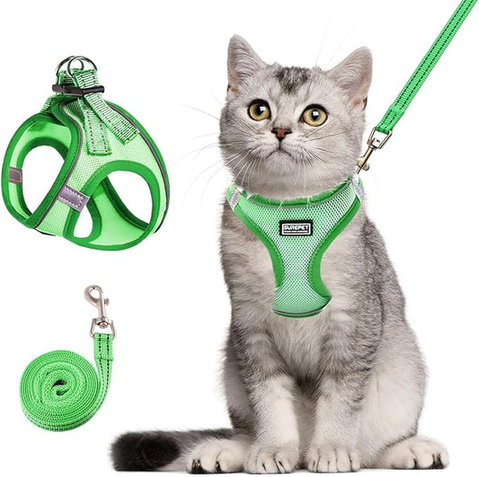 Cat Harness and Leash Set, Soft and Breathable Vest with Reflective Strip, Escape Proof Kitten Harness, Easy to Wear for Cats Walking and Traveling (Green, L)