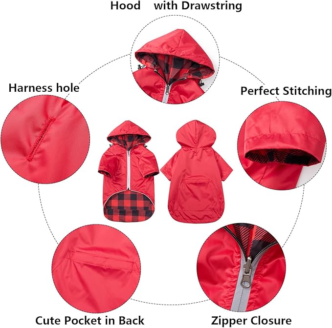 Dog Raincoat Dogs Waterproof Reversible rain Jacket Dog Small Medium Breeds Reflective Zipper Storage Pocket Harness Hole - Red - XL