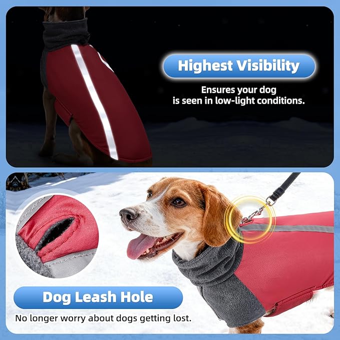 SlowTon Winter Dog Coat, Warm Polar Fleece Lining Doggie Outdoor Jacket with Turtleneck Scarf Reflective Stripe Adjustable Waterproof Windproof Puppy Vest Soft Pet Outfits (M+,Red)