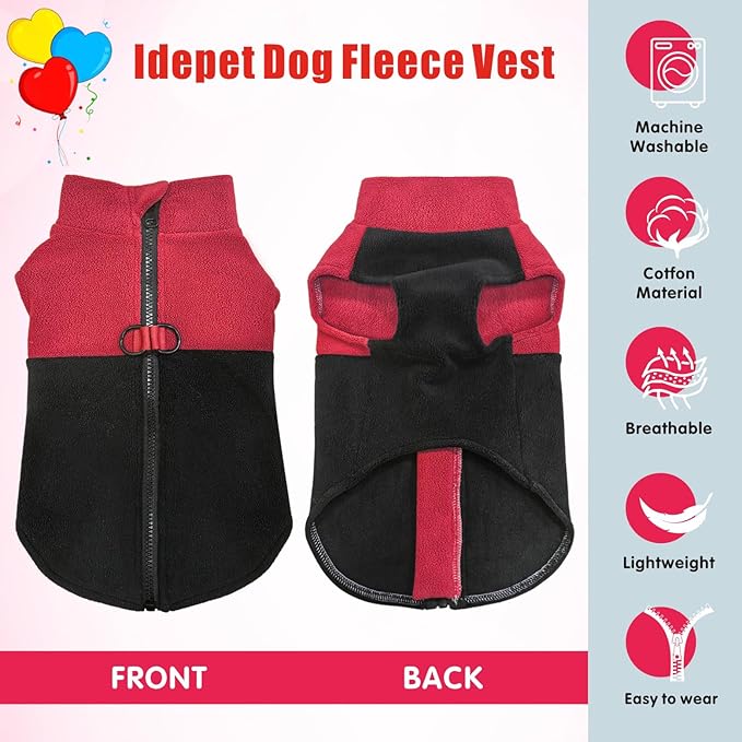 Idepet Dog Fleece Vest Sweater Zip Up Warm Pullover Dogs Jacket with D-Ring Leash Winter Cold Weater Coat Pet Sweatershirt Clothes Hoodie for Small Medium Dogs Boy Girl (Red/Black, XXS)