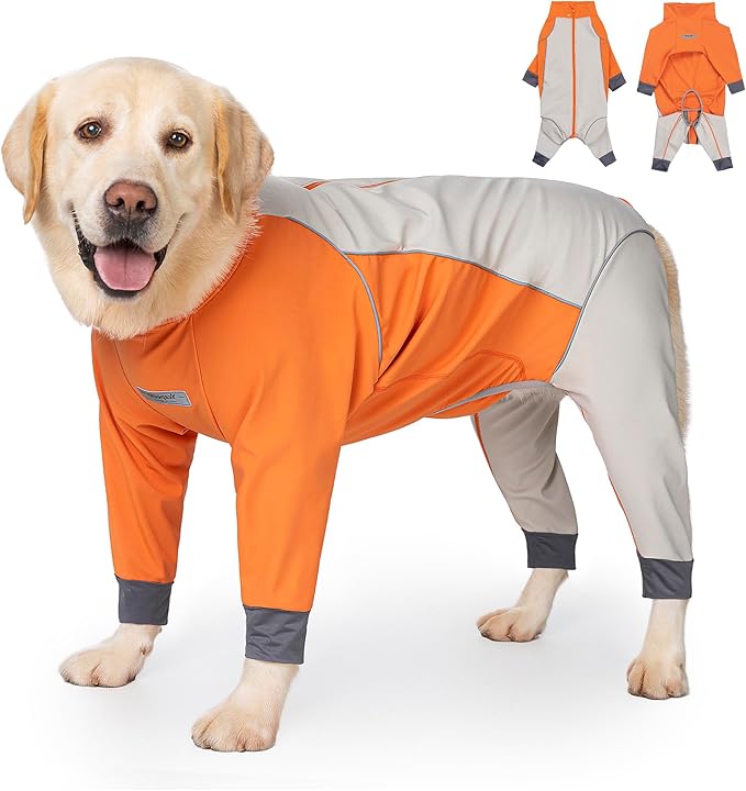 Dog Full Body Winter Coat, Waterproof Fleece Jacket for Small Medium Large Dogs Reflective Snowsuit with Zipper for Outdoor Skating (Orange, 5XL(Weight 65-88 lbs))