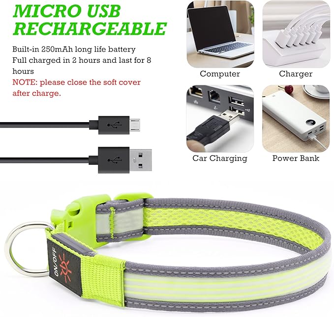 YFbrite Full Adjustbale LED Dog Collar, Full Illuminated Light up Dog Collars, Reflective Dog Collar Light Glowing in The Dark for All Dogs Safety (Large, Green-2)