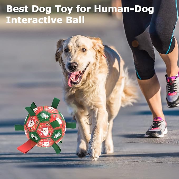 QDAN Christmas Dog Balls with Straps, Soccer Ball for Dogs for Small Medium Pet, Interactive Rope Toys, Puppy Birthday Gifts (6 Inch)