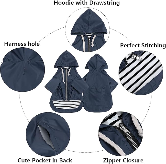 Dog Raincoat rain Jacket Raincoat Dogs Waterproof Small Medium Breeds Zip Closure Storage Pocket Harness Hole Blue S