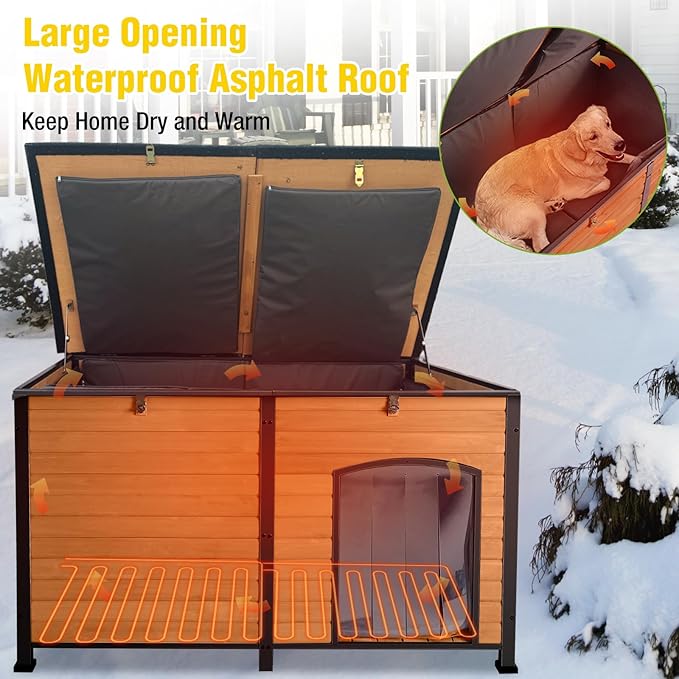 Aivituvin Heated Dog House Outdoor Extra Large 59" Dog Kennel with Insulation Liner Strong Iron Frame Construction Pet Cage with Insulted Liner Keep Warm in Winter Weatherproof Design, Heater Include