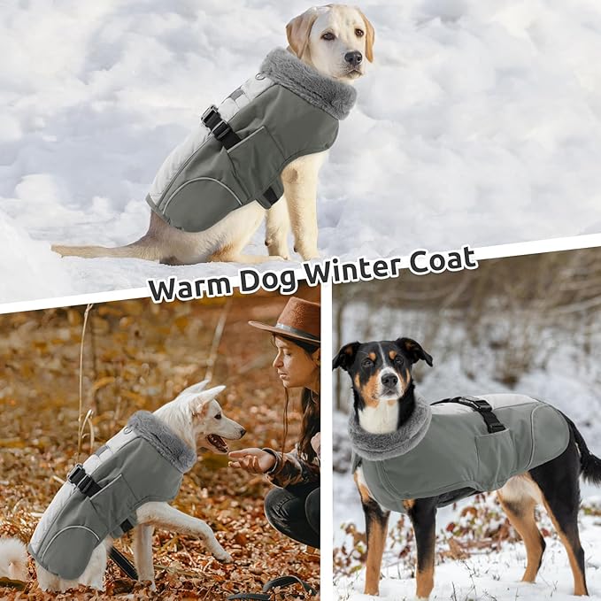 Queenmore Fleece Dogs Coats, Dog Jackets for Large Breeds, Windproof Dog Coats Winter, Reflective Pet Jackets, Grey, XXXL