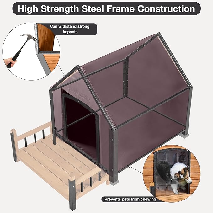 Dog House Outdoor, Chew-Proof Metal Frame Dog Kennel Shelter for Large Breeds,Weatherproof (Brown-I, Large)