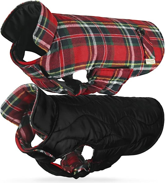 VIVAGLORY Softjoy Dog Coat, Dog Jacket for Winter & Christmas, Coat with Harness Hole & Velcro Closure, Reversible Plaid Checkered Warm Fluffy Heavy Duty for Puppy, L, Red