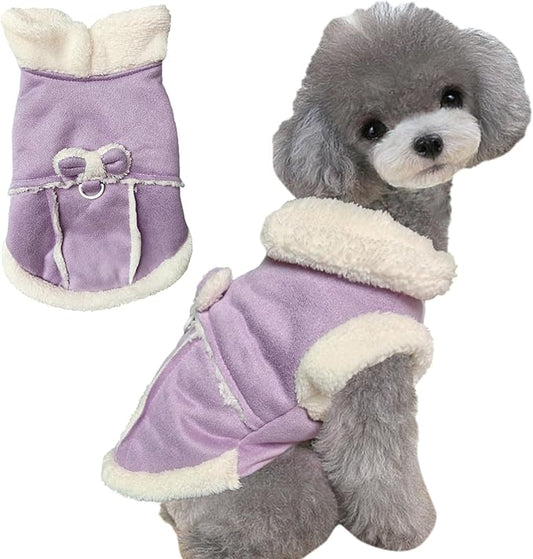 Jecikelon Bowtie Dog Cold Weather Coat Fleece Lining Warm Pet Puppy Turtleneck Dogs Winter Clothes for Small Dogs with D-Ring (Purple, Small)