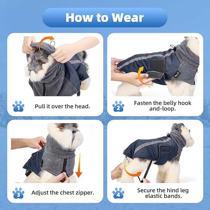 SlowTon Winter Dog Coat, Warm Polar Fleece Lining Doggie Outdoor Jacket with Turtleneck Scarf Reflective Stripe Adjustable Waterproof Windproof Puppy Vest Soft Pet Outfits (M,Dark Blue)