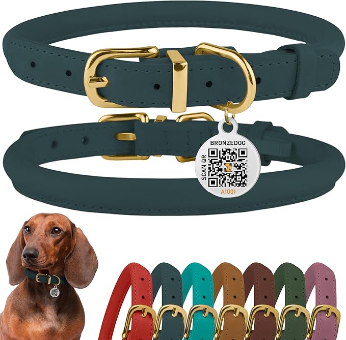 BronzeDog Rolled Leather Dog Collar with QR ID Tag, Adjustable Soft Round Collars for Small Medium Large Dogs Puppy (7" - 10" Neck Size, Denim)