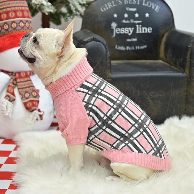 SCENEREAL Turtleneck Dog Sweater for Small Medium Large Dogs Girls Boys, Christmas Plaid Pullover Puppy Sweatershirt, Dogs Cold Weather Outfit Clothes, Ideal Gift for Pet in New Year, Pink Plaid M