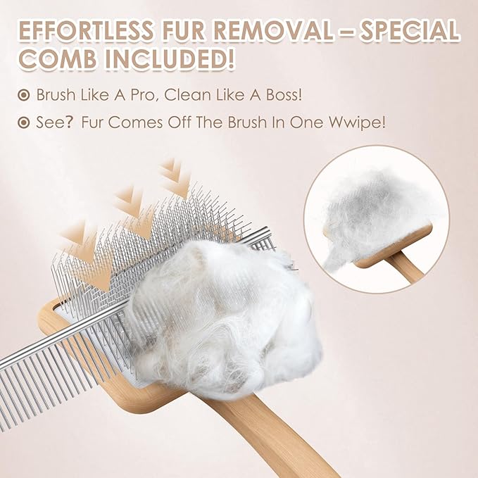 Large Dog Slicker Brush & Comb Set with Leather Sleeves - Long Pin Deshedding Brush for Golden Retrievers, Poodles, Doodles & Thick Coats, Wood Handle Pet Grooming Kit for Dogs, Cats. Natural