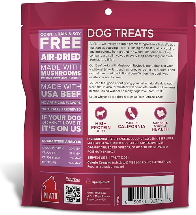 PLATO Pet Treats Jerky Dog Treats - Air-Dried Jerky for Dogs - Delicious, Real Meat Dog Treats - Grain Free - Supports Healthy Digestion - Beef Jerky with Mushroom 7oz