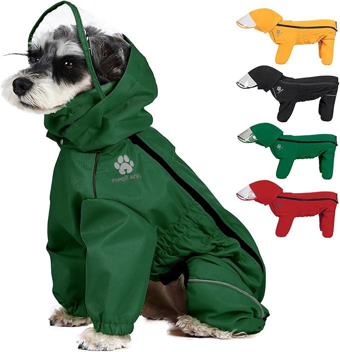 PINA Dog Raincoat, Waterproof Rain Jacket with Hood & Pocket, Lightweight Dog Jacket with Leash Hole & Reflective Strap for Wet Weather, Full Wrap Design for Full Protection