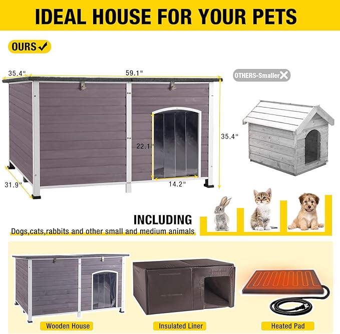 Heated Dog House with Electric Heating Pad Extra Large 59.1" Outdoor & Indoor Dog Kennl with Insulated Liner Keep Warm in Winter, Waterproof Pet Shelter, Strong Metal Frame，35.4"D x 59.1"W x 35.4"H