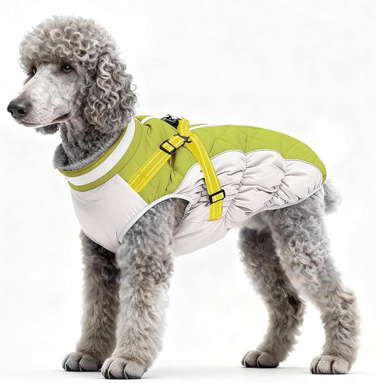 Dog Winter Coat with Harness, Dog Jacket, Pet Clothes with Zipper on Back, Waterproof Windproof Warm Vest, Reflective Cold Weather Coats, for Small Medium Large Dogs, Thick, Green, M