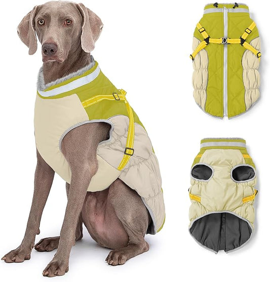 Dog Winter Coat with Harness, Dog Jacket, Pet Clothes with Zipper on Back, Waterproof Windproof Warm Vest, Reflective Cold Weather Coats, for Small Medium Large Dogs, Thick, Green, XL