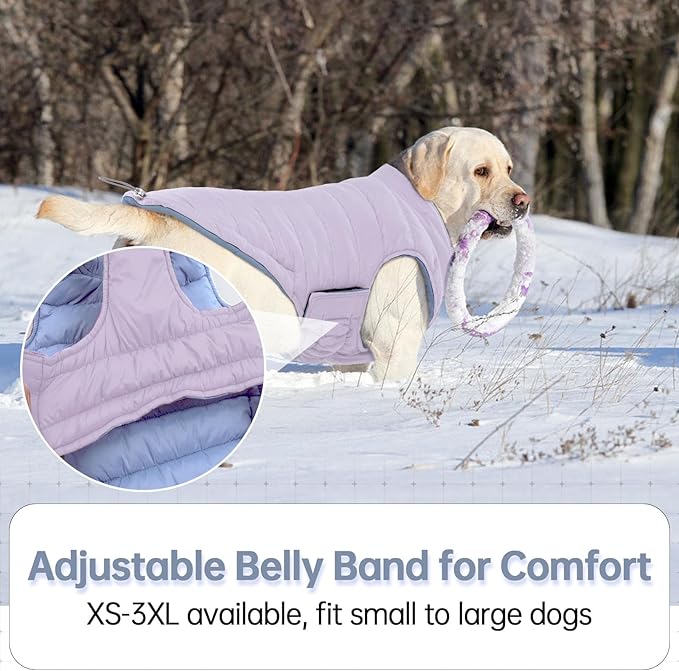 Lelepet Reversible Dog Coat Waterproof Dog Jacket Windproof Puffer Vest for Winter Warm Lightweight Coats for Large Dogs Adjustbale Hook & Loop Pet Apparel with Leash Hole, Pitbull, Purple, XL