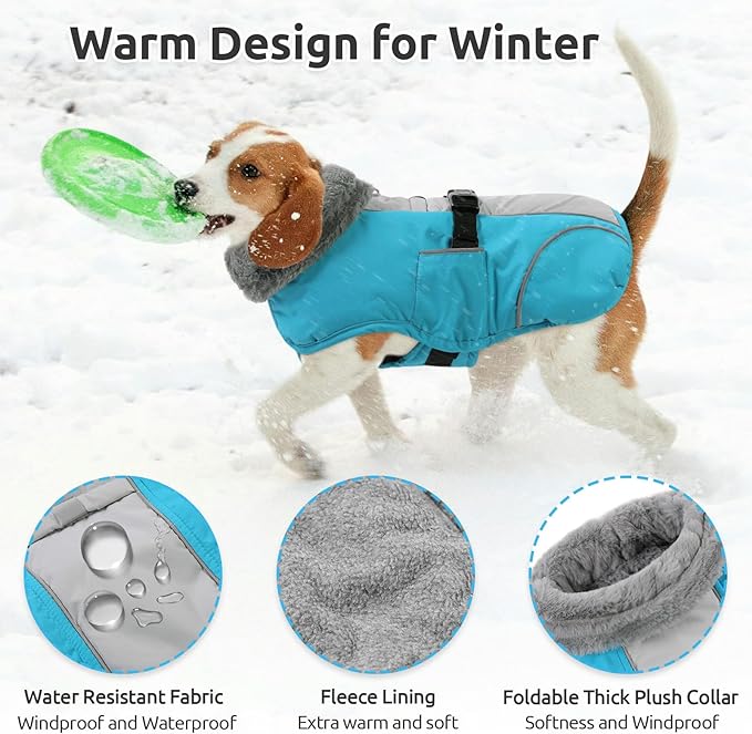 Queenmore Fleece Dog Coats, Dog Jackets for Large Breeds, Waterproof Windproof Winter Large Pet Coat Fall, Reflective Pet Jackets for Winter, Blue, XXXL