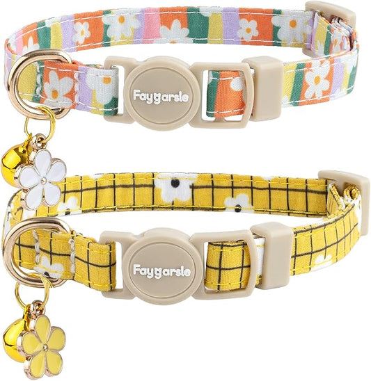 Faygarsle 2 Pack Striped Plaid Floral Pattern Cat Collars Breakaway Safety Collar with Bell Spring Summer Design for Girl Cats,Yellow Multicolor