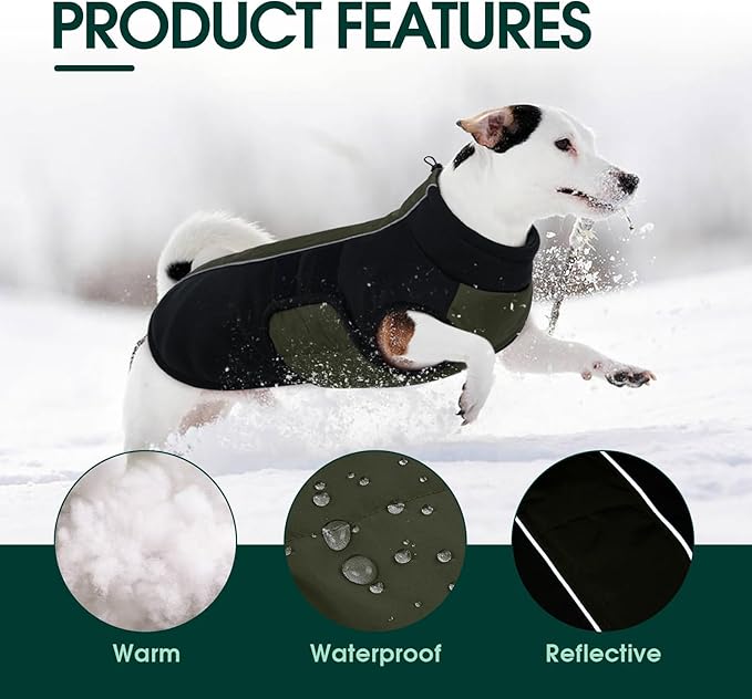 Kuoser Dog Jackets for Small Dogs, Warm Dog Coat with Harness Built in, Puppy Winter Jacket Pet Clothes for Cold Weather, Reflective Waterproof Doggie Winter Vest for Pug Dachshund, Green S