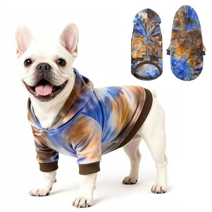 WOYYHO Tie Dye Dog Hoodie & Sweatshirt - Premium Velvet Soft Lightweight Pullover for Small Medium Dogs, Cozy Puppy Sweater for Puppy Dachshund French Bulldog, Multi Blue Browm XL