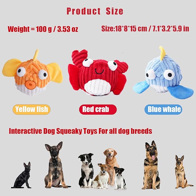 Squeak Dog Toys for Aggressive Chewers, No Stuffing Squeak Dog Chew Toys for Aggressive Chewers, Interactive Dog Toy Ball with Crinkle Paper for Medium Dogs, Large & Small Breeds (B-Blue Whale)
