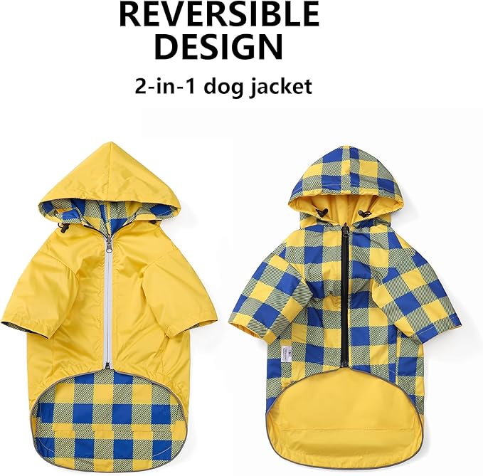 Dog Raincoat Dogs Waterproof Reversible rain Jacket Dog Small Medium Breeds Reflective Zipper Storage Pocket Harness Hole - Yellow - XL