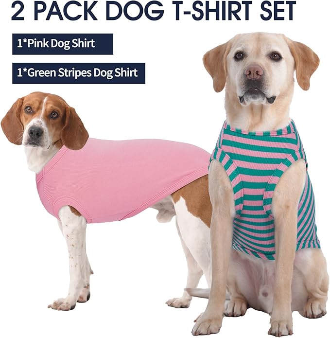 IECOii 2 Pack Dog T-Shirts for Small Medium Dogs,Lightweight & Comfortable – Easy to Wear,Machine Washable & Non - Fading – Perfect for Summer Indoor and Outdoor Use,Pink+Stripes,Large