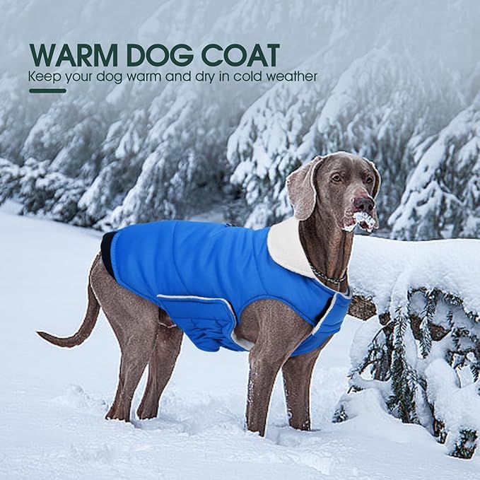 Kuoser Dog Coat Large, Cold Weather Reflective Waterproof Dogs Jacket with Warm Fleece Lining, Turtleneck Dog Winter Coat with Zipper, Doggy Snow Jacket Pet Coats for Small Medium Large Dogs, Blue 3XL