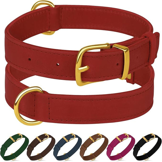 Leather Dog Collar - Heavy Duty Adjustable Soft Padded Pet Collars for Small Medium Large Dogs Breed - Black Green Brown Pink Red Blue (Red, XL, 19"-24" Neck Fit)