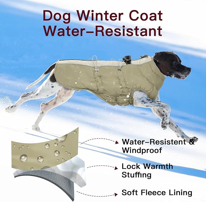 Dog Winter Jacket-3X Large, Warm Zip Up Snowsuit Dog Harness Vest - Reflective, Water-Resistant, Snow Jacket for Large Dogs, Labrador, Husky, Apricot