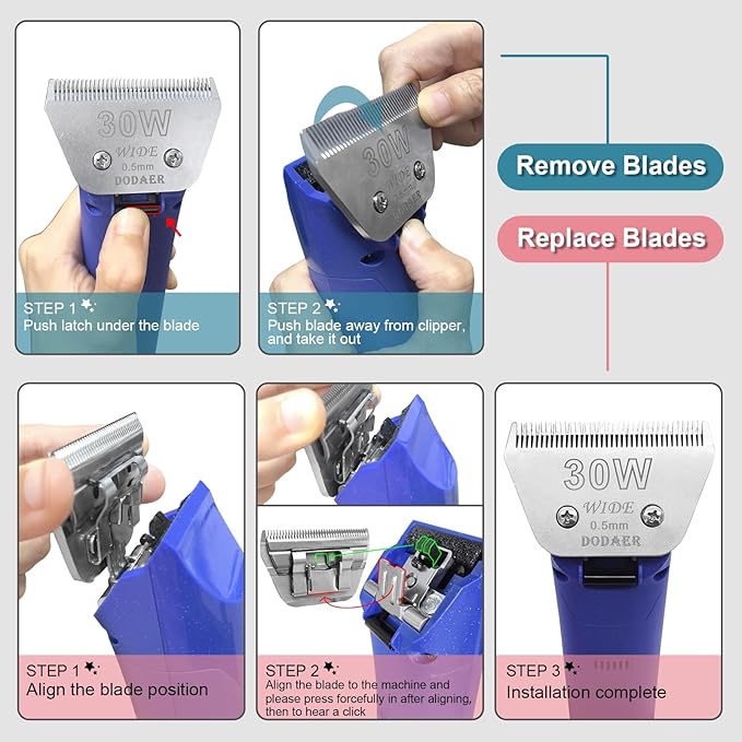 4 Pack Detachable Pet Dog Grooming Blades-Size 10W+7FW+5FW+4FW Dog Grooming Wide Blade,Cutting Length 1/16 in -3/8 in（1.5mm-9.5mm）,Compatible with Most Andis,Oster A5,Wahl km10 Clippers
