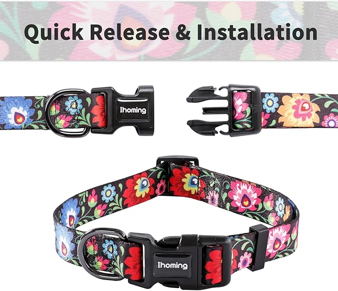 Ihoming Puppy Collar and Leash Set for Daily Outdoor Walking Running Training, Black Colorful Flowers Design for Extra Small Boys Girls Dogs Cats Pets, XS-Up to 10LBS