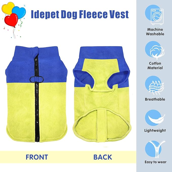 Idepet Dog Fleece Vest Sweater Zip Up Warm Pullover Dogs Jacket with D-Ring Leash Winter Cold Weater Coat Pet Sweatershirt Clothes Hoodie for Small Medium Dogs Boy Girl (Blue/Green, L)