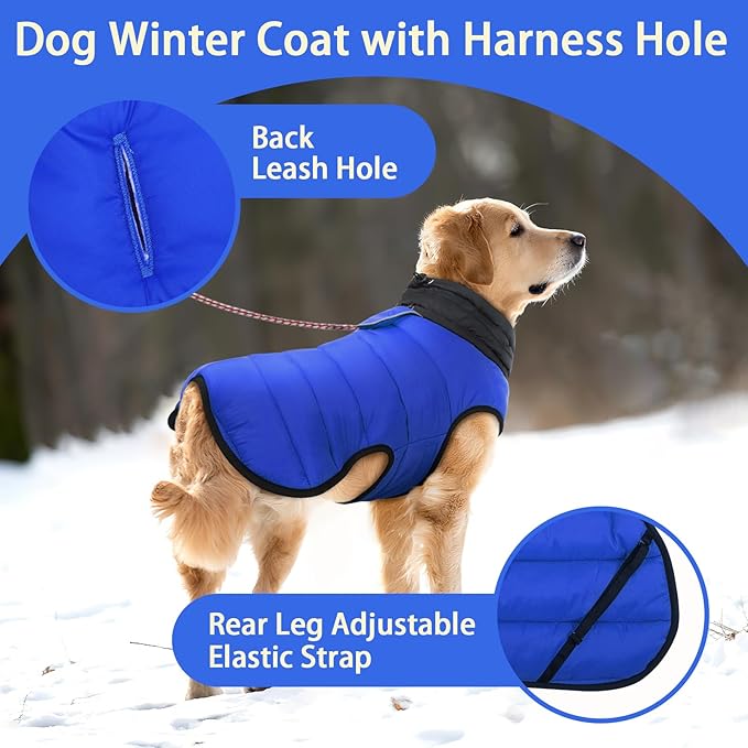 MIGOHI Lightweight Dog Coat, Windproof Dog Jacket, Puffer Jacket for Large Dogs, Padded Vest with Reflective Strips, Warm Snow Vest in Cold Weather, Easy On Hook & Loop Belly, Blue, 2XL