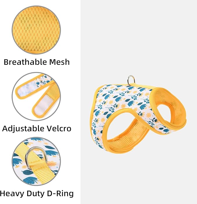 Mile High Life Dog Harness, Air Mesh Floral Vest Harness for 20 lbs Small Dogs & Cats, Easy Get on Adjustable Easy Closures Both Neck and Chest(Yellow Flower, S Chest 16"-18")