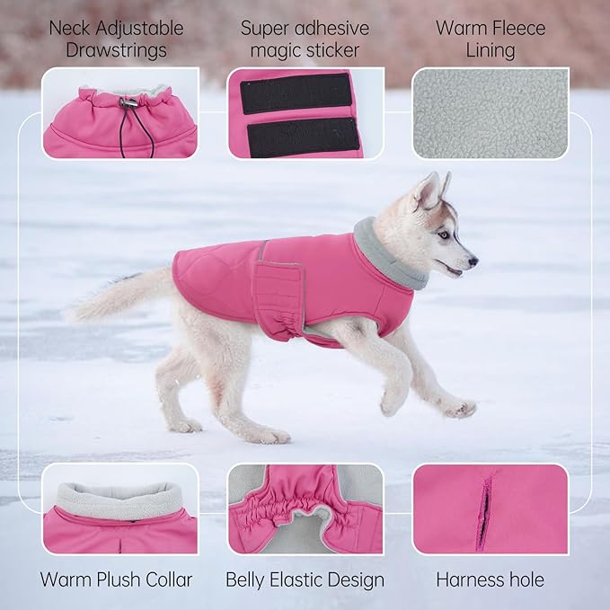 BRKURLEG Dog Winter Jacket, Warm Dog Winter Coats for Small and Medium Large Dogs, Reflective Adjustable Pet Cold Weather Coats, Waterproof Dogs Snow Jacket Clothes Fleece Vest (XL, Rose Red)