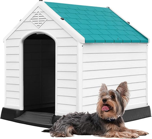 DWVO Plastic Dog House, Weatherproof Outdoor/Indoor Doghouse, Puppy Kennel with Air Vents and Elevated Floor