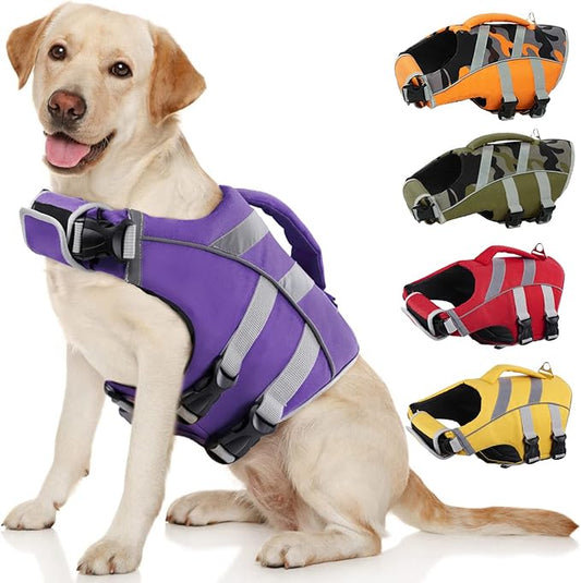 Kuoser Dog Life Jacket with Reflective Stripes, Adjustable High Visibility Doggie Water Vest Ripstop Puppy Lifesaver Pet Life Preserver for Small Medium and Large Dogs Puple XL