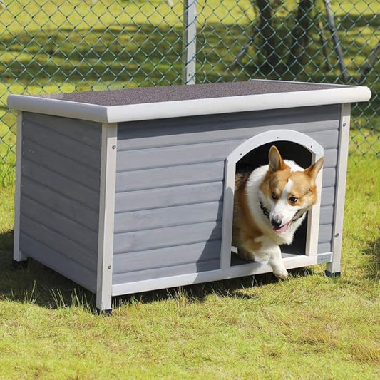 Petsfit Large Dog House, Wooden Outdoor Dog Kennel w/Hinged Roof, Weatherproof Dog Houses for Medium Dogs Outside w/Adjustable Foot Pads, 40.8" L X 26" W X 27.6" H, Grey