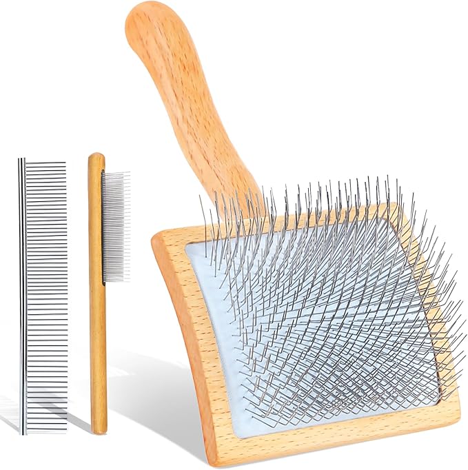 Large Dog Brush for Medium or Long Haired Dogs, Long Pin Slicker Brush for Removes Loose Hair, Tangles and Knots, Best Grooming Brush for Small Animals, Free Pet Comb, Wood